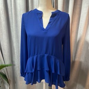 Elle Royal Blue Ruffle Blouse  Sz Small-Long Sleeve-High/Low